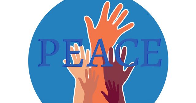 Vector image of multiracial hands with peace text in blue shape on white background, copy space. International day of peace, avoid war and violence, celebration, hope, kindness, support.