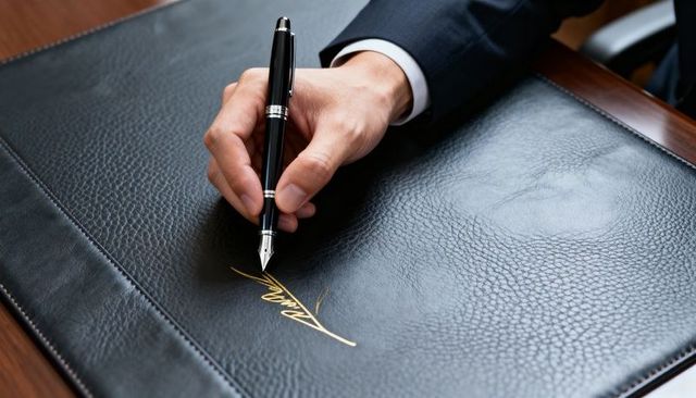 Signing with luxury fountain pen on black leather desk pad creating gold signature