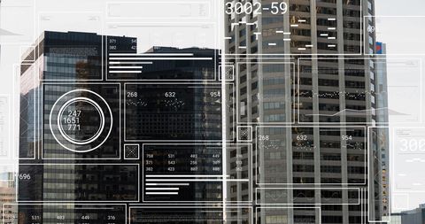 Futuristic Data Interface Overlaying Urban Skyscrapers