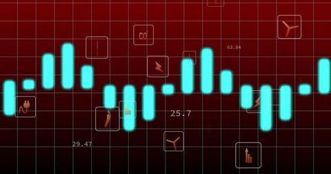 Glowing cyan candlestick bars on dark red analytics grid with energy eco icons