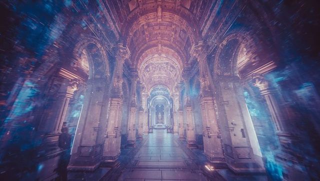 Futuristic Cathedral Corridor with Ethereal Digital Glow