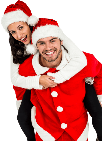 Joyful Couple in Santa Outfits on Transparent Background Celebrating Christmas