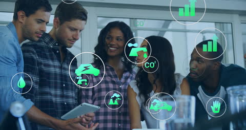 Diverse Team Discussing Environmental Innovations with Technology