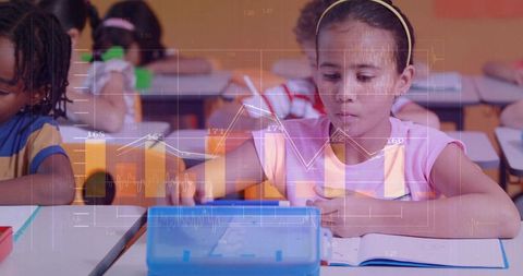 Young Student Writing at Desk with Educational Data Overlay Showing Graphs and Analytics