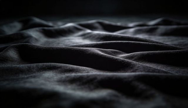 Dark velvet waves creating soft folds and dramatic light on textured fabric surface, moody