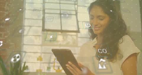 Smiling Woman Interacting with Digital Interface in Modern Office