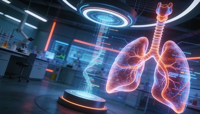 Projecting holographic lungs with streaming data helix in futuristic medical lab