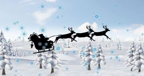 Silhouette santa sleigh flying over snowy pine forest with reindeer and blue snowflakes