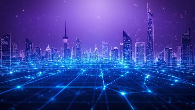 Futuristic Cityscape with Glowing Neon Blue Grid and Skyscrapers