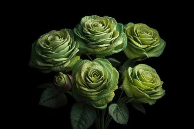 Stunning close-up of green roses in full bloom set against a black background. The rich, lush petals stand out, making this image perfect for decorative purposes, floral-themed designs, or botanical articles. Ideal as a visual for garden enthusiasts, florists, and nature photographers.
