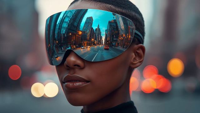 Futuristic mirrored visor woman reflecting downtown skyline at dusk, cinematic fashion