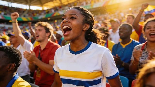 Teenage fan cheering passionately in sunlit stadium wearing blue and yellow striped shirt