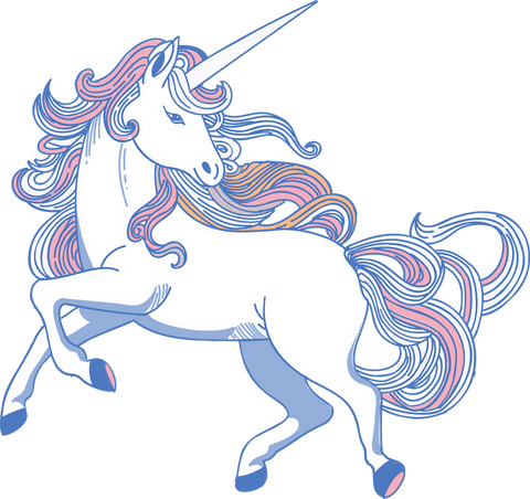 Prancing unicorn with pastel mane on transparent background