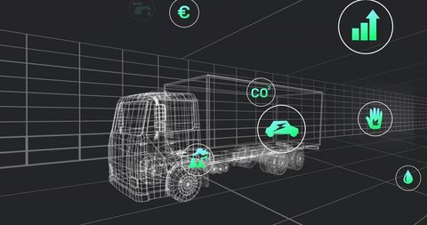 Rotating wireframe truck with floating business and eco symbols