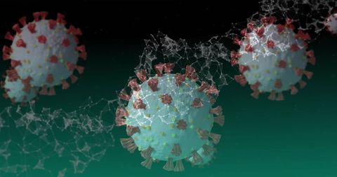 3D Render of Virus Particles with Red Spikes in a Digital Space