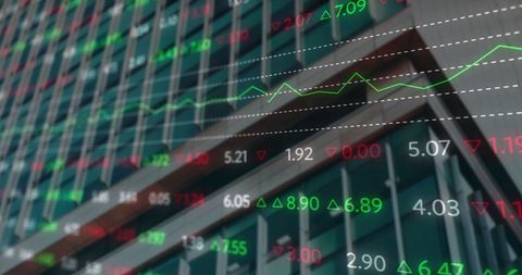 Financial Data Overlapping Modern Office Building Façade