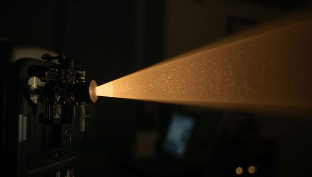 Vintage Film Projector Casting Golden Glow in Dark Room