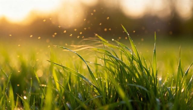 Dew-kissed grass blades backlit by golden sunrise with sparkling bokeh and dew droplets