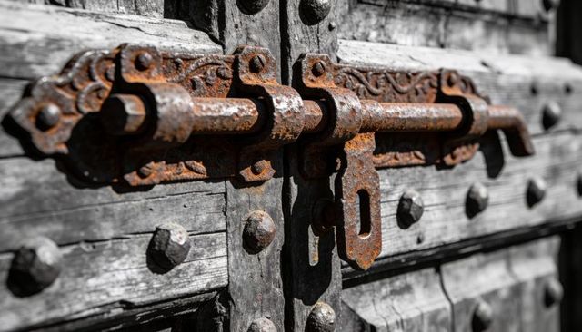 Rusted ornate sliding bolt latch displaying patina and corrosion on weathered wooden gate