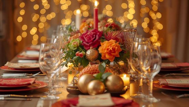Festive holiday table with lush floral centerpiece, red taper candle, gold ornaments and warm bokeh