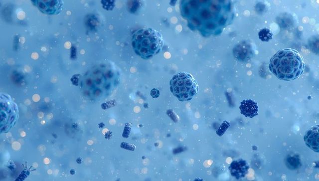 Microscopic view of virus particles and bacteria in fluid