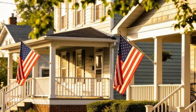 American flags fluttering over sunlit front porches of classic suburban homes