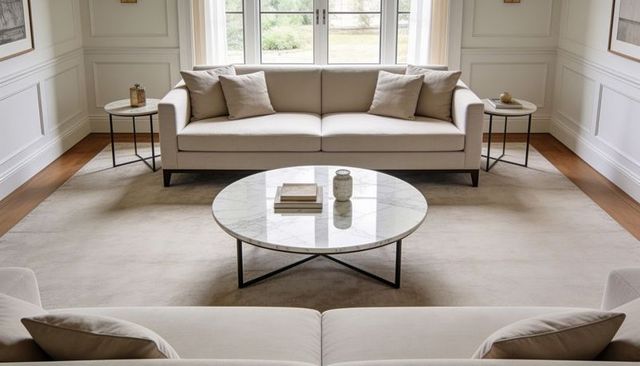 Minimalist modern living room featuring marble coffee table, neutral sofas, symmetrical layout