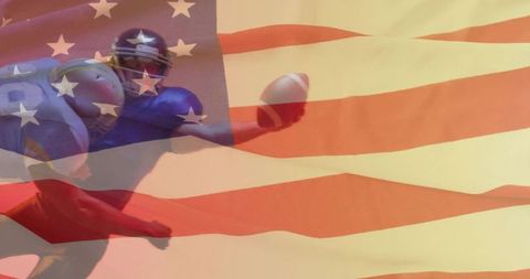 Patriotic american football action double exposure usa flag overlay diving receiver
