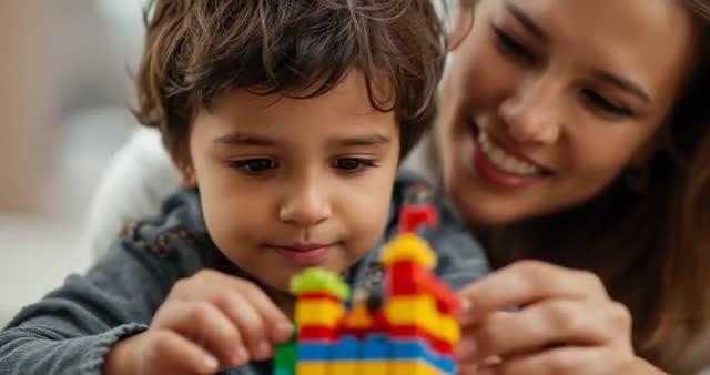 Child Building with Interlocking Bricks Guided by Mother