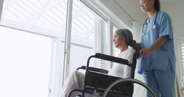 Nurse Assisting Elderly Woman in Wheelchair by Window - Download Free Stock Images Pikwizard.com