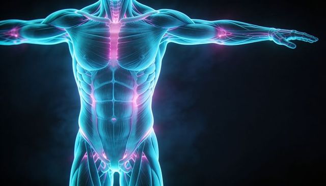 Glowing translucent male torso highlighting musculature, spine and abs in neon 3d
