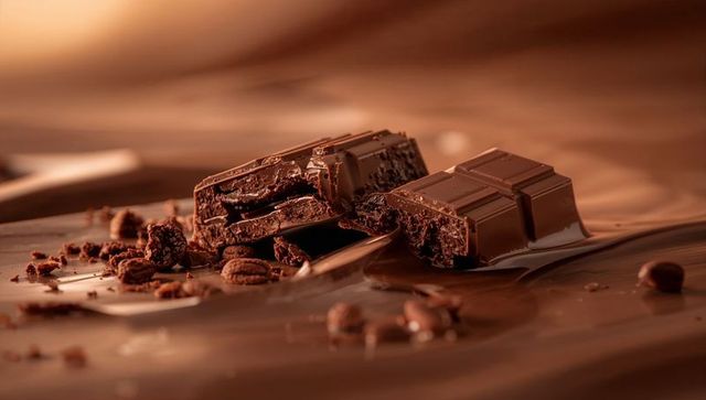 Gourmet dark chocolate bars with cocoa nibs and melted rich chocolate