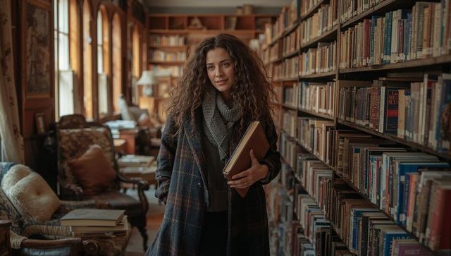 Young woman standing in cozy library holding hardcover book, warm vintage study atmosphere