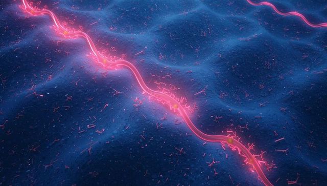 Glowing magenta nanofiber snaking across blue microscopic surface with luminous nodes