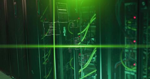 Green laser holographic ui over server racks with yellow-green network cabling