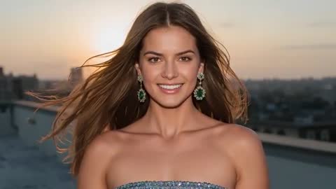 Smiling Model in Sequined Outfit Enjoying Sunset Rooftop Breeze