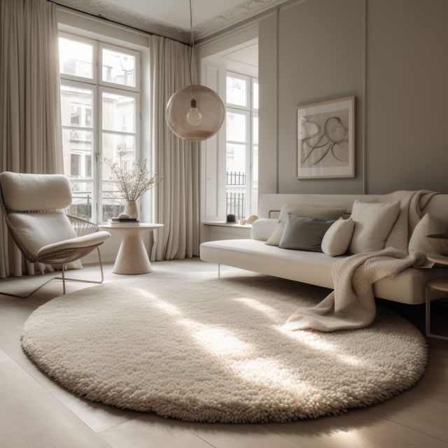White round fluffy rug on floor in living room, created using generative ai technology. House interior design, decorations and textile concept digitally generated image.