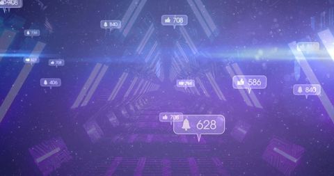 Futuristic neon tunnel with notification bubble and glowing panels