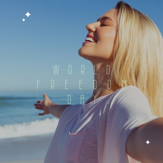 Caucasian woman on sunny beach, celebrating World Freedom Day with open arms. Suitable for concepts related to freedom, happiness, relaxation, and seaside vacations. Can be used in travel brochures, freedom day events, inspirational messages, and social media posts promoting positivity and well-being.