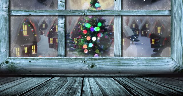 Cozy Snowy Scene with Christmas Tree Viewed Through Frosty Window - Download Free Stock Images Pikwizard.com