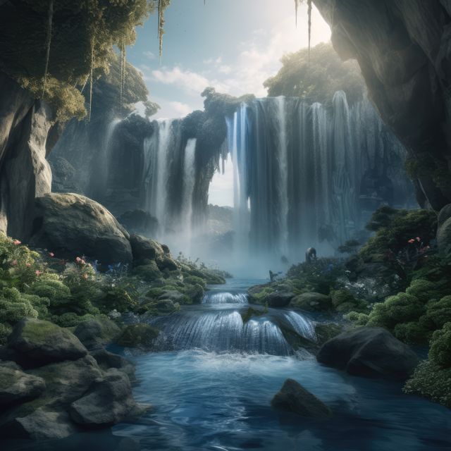 Fantasy landscape with waterfalls and river created using generative ai technology. Fantasy, imagination and colour concept digitally generated image.