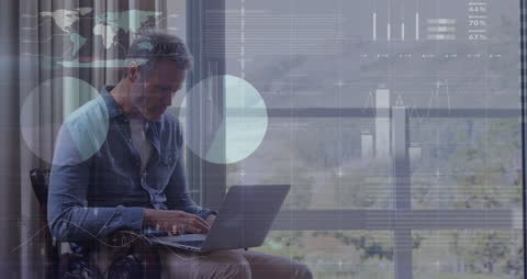 Businessman Analyzing Data with Laptop and Infographics Overlay