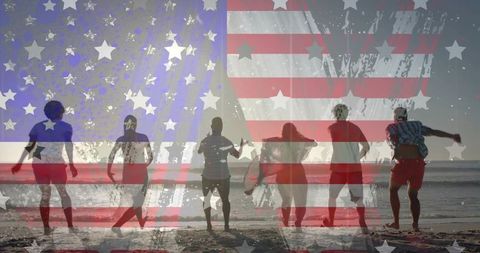 Friends walking on beach at sunset with american flag double exposure patriotic marketing