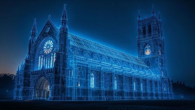Glowing gothic cathedral wearing blue wireframe neon blueprint rose window clock tower