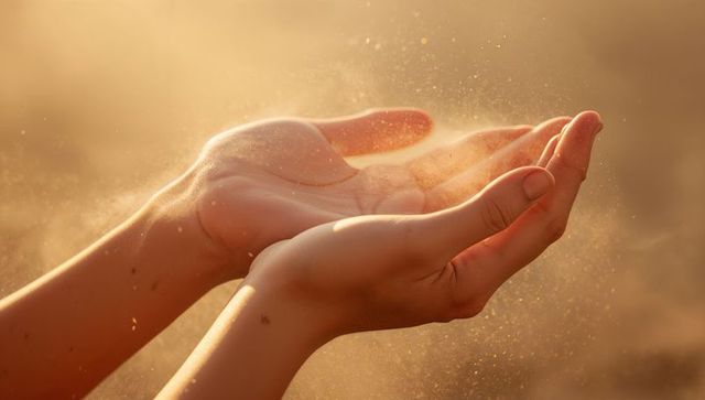 Cupped hands releasing golden dust at sunset warm backlight glowing particles hope