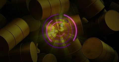 Neon concentric rings hovering over stacked metal barrels with moody industrial glow
