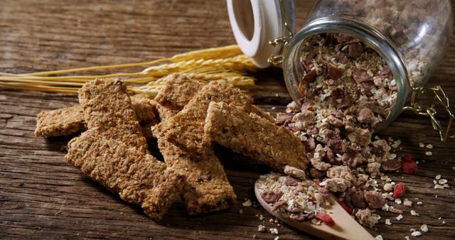 Granola Bars and Mixed Grains on Wooden Table - Download Free Stock Images Pikwizard.com