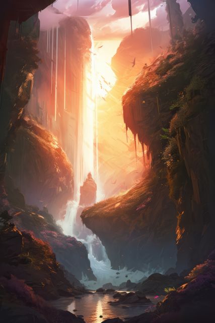 Majestic fantasy scene with waterfall cascading down lush, rocky cliffs illuminated by sunset. Ideal for book covers, fantasy art, gaming backgrounds, posters, or desktop wallpapers. Conveys adventure and wonder in a serene yet epic natural setting.