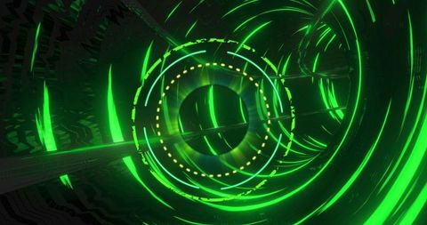 Futuristic Digital Tunnel with Glowing Green Circles