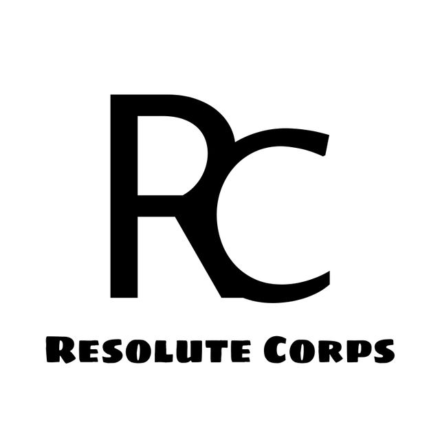 This image shows a minimalist logo for Resolute Corps with bold black letters 'RC' in a monogram style on a white background. Perfect for use in branding, corporate materials, presentations, or marketing documents where a clean and professional logo is required. Its simplicity and modern design make it versatile across various print and digital platforms.